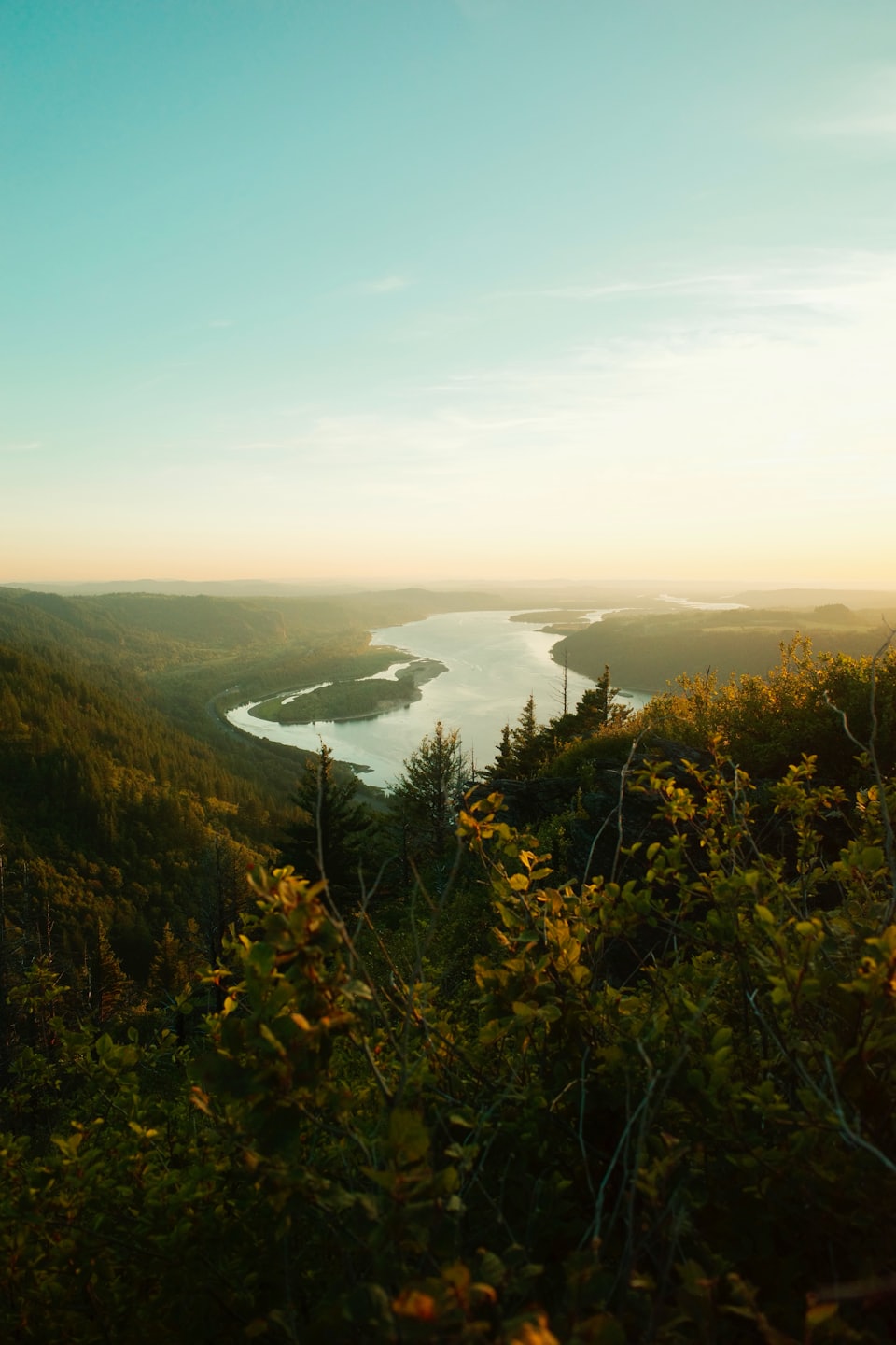A winding river flows through a lush forested valley.